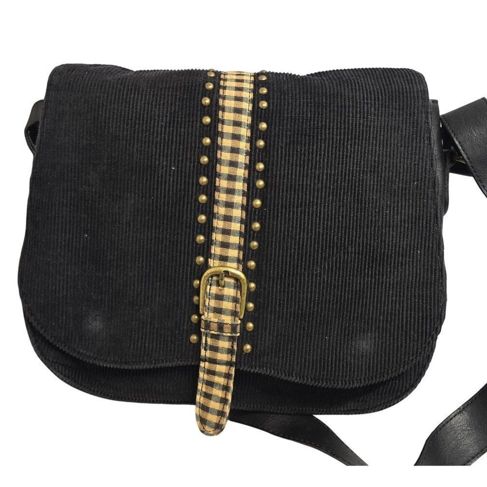 Black Corduroy Crossbody Bag With Plaid Buckle Accent & Faux Leather Strap